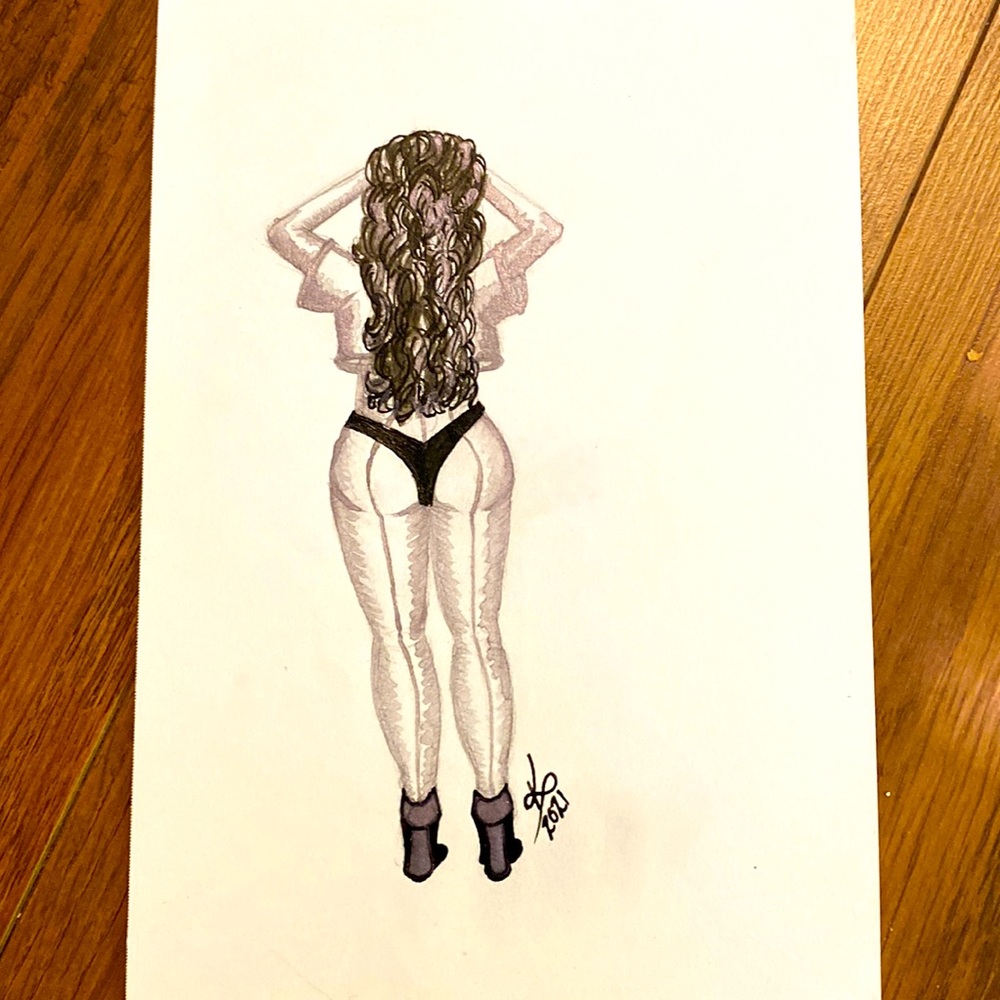 Unframed Original Art Metallic Watercolour & Black Ink Female Form Portrait